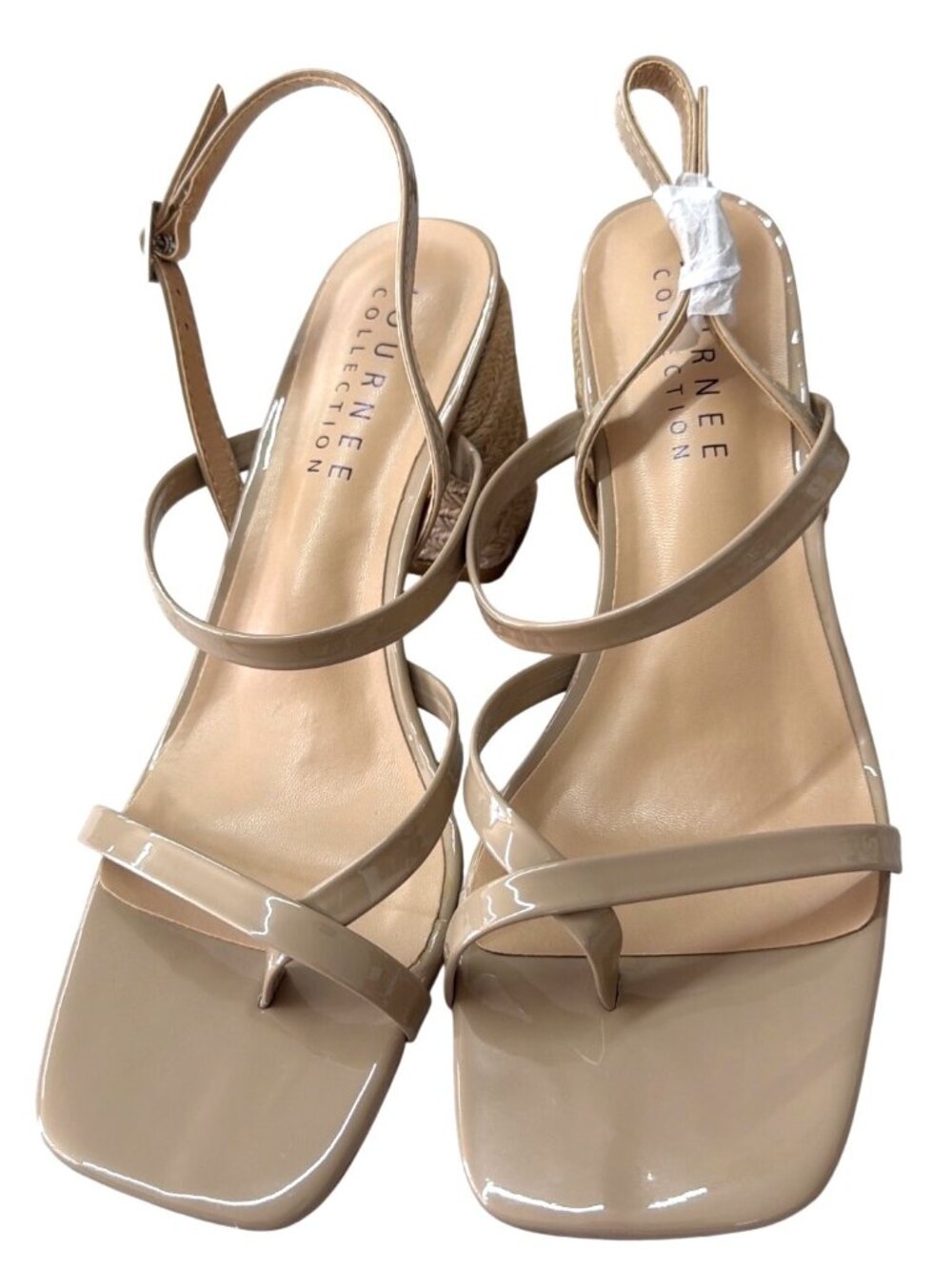 Journee Collection Olivina Taupe Faux Patent Leather Block Heel Sandals Size 9 - Picture 2 of 11